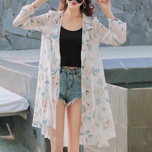 Boho Yellow/Creme Green Floral White Duster Kimono - Picture 1 of 13